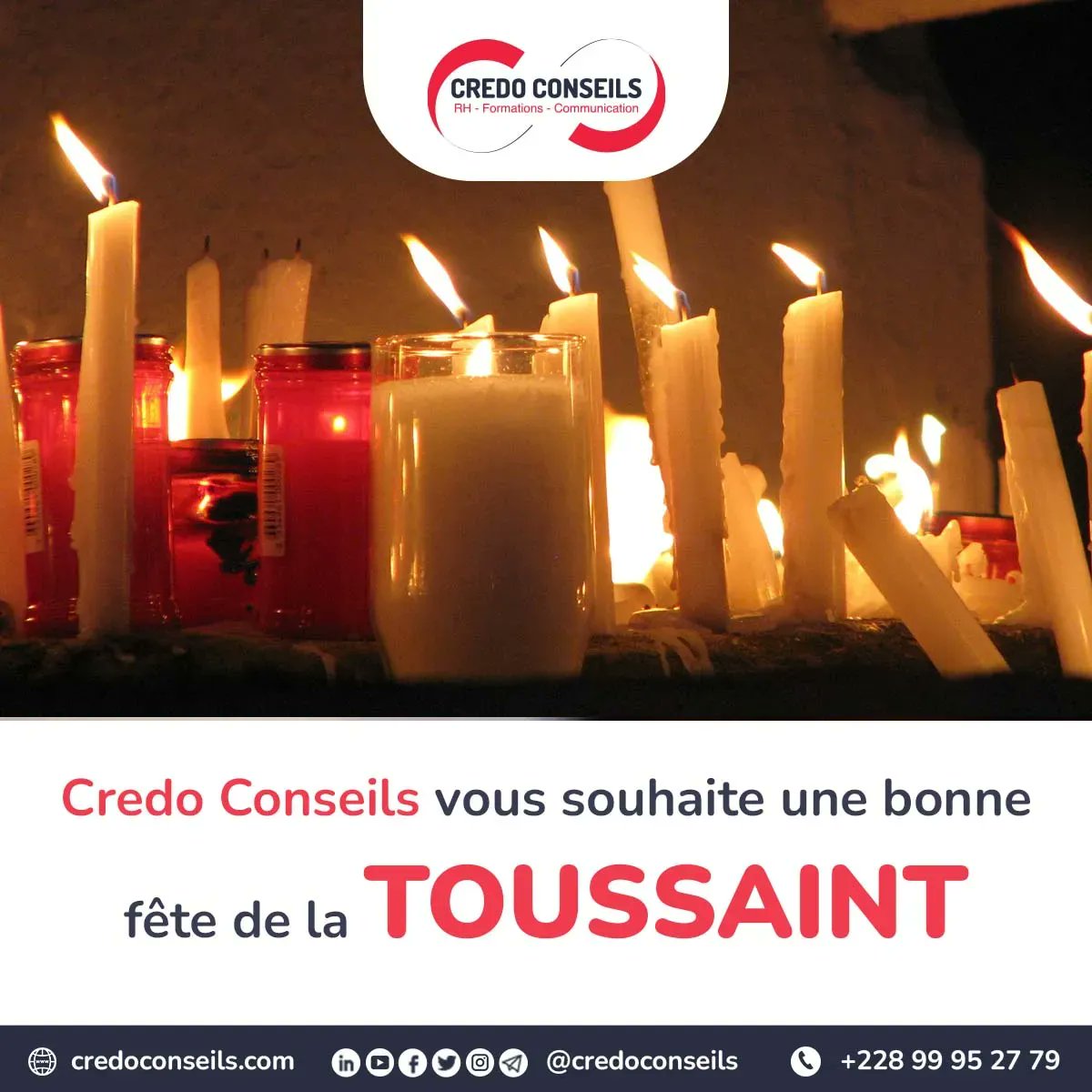 CredoConseils's tweet photo. 🕯️ Aujourd'hui 01 novembre, nous pensons à des êtres chers qui ne sont plus avec nous. 💐✝️  
Bonne fête de la #Toussaint. 🕯️  

#AllSaintsDay #AllSoulsDay #Toussaint #credoconseils
#Embauche #Entretien #coachemploi #recherchedemploi #trouverunemploi #emploitogo #TgTwittos https://t.co/rOyZJgbr13