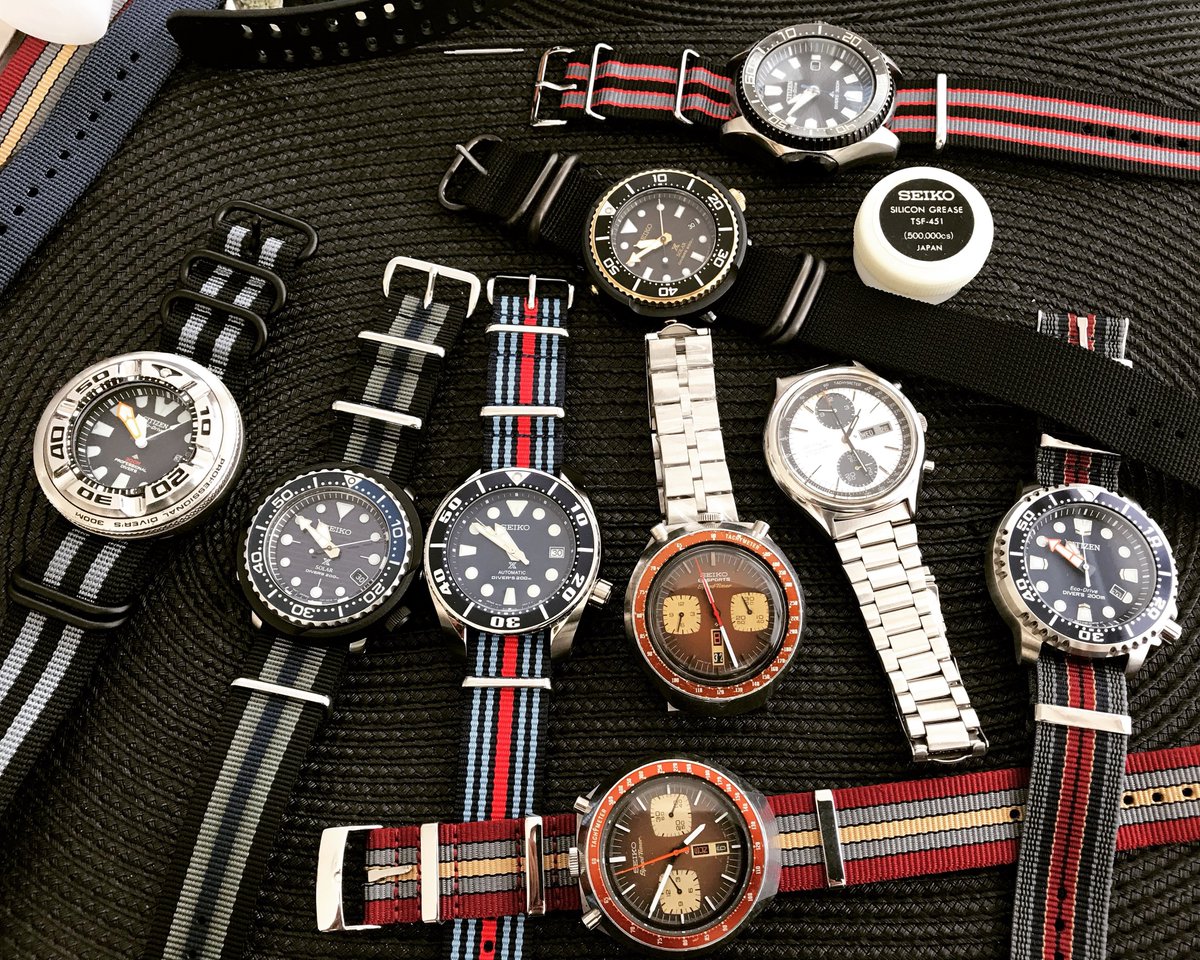 My photo of my watches. Mixing old and new Japanese watches. #Seiko #Citizen #Casio #SeikoBullhead #SeikoPanda #SeikoSolar #SeikoDivers #SeikoTurtle #SeikoSXK007 #CitizenEcoDrive #SeikoUFO #DiveWatches #Chronographs #CitizenEcoZilla