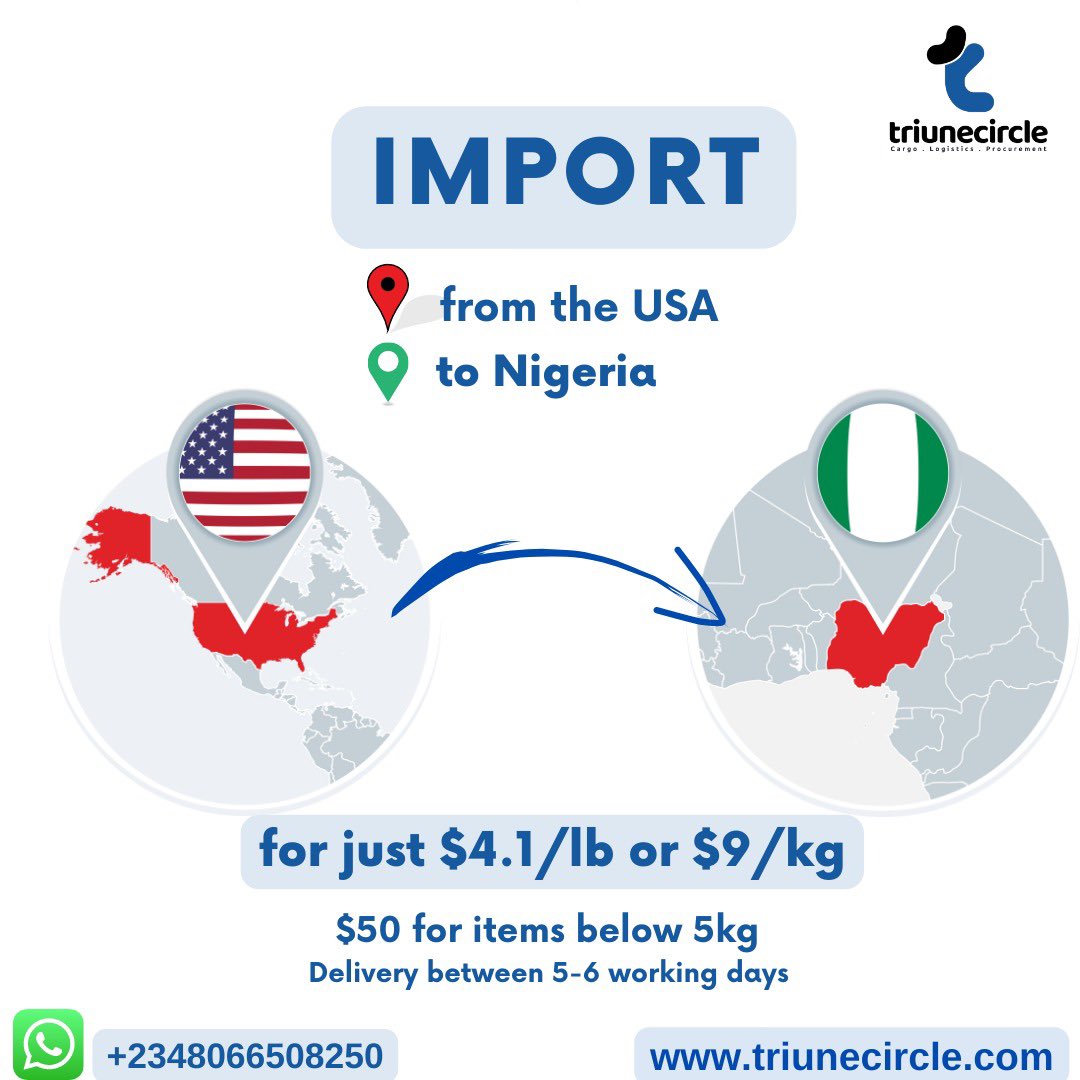 Triunecircle's tweet photo. Import from USA 🇺🇸 to Nigeria 🇳🇬 for as low as $4.1/lb or  $9/kg. Why ship for more when you can ship for less with TCL. We are secure and affordable. 
Send a Dm for quote. 

 Eniola badmus Davido Chioma 
#PeterObiForPresident Afenifere  Wizkid Dbanj #confirmed https://t.co/do2BsoJpkb