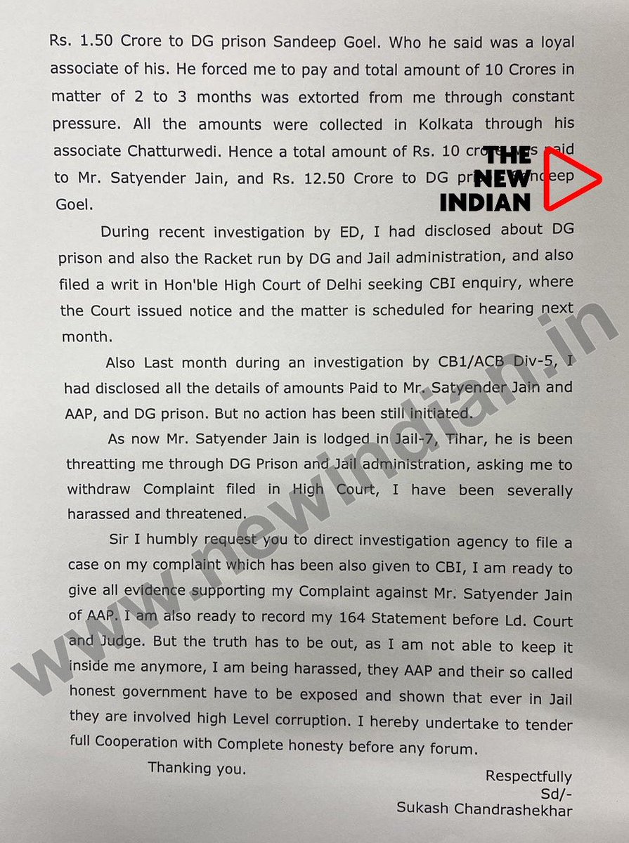 In a letter to @LtGovDelhi, conman Sukesh Chandrashekhar alleges that jailed AAP minister @SatyendarJain demanded Rs 2 crore per month as protection money Says he paid Rs 50 crore to AAP in promise of 'important posts' in the party & a Rajya Sabha seat, reports @AlokReporter