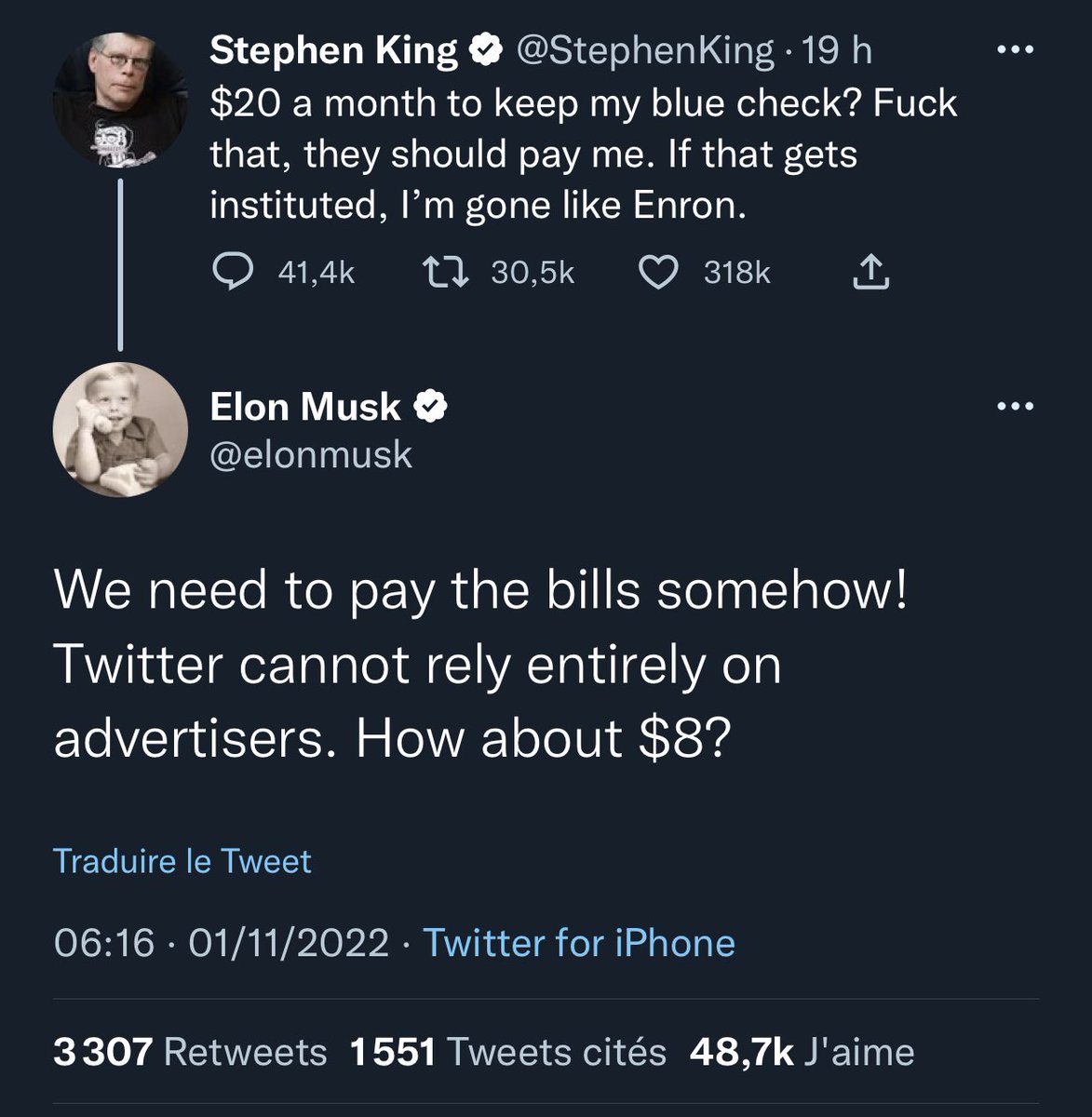tristanmf's tweet photo. T’achètes Twitter 44 milliards pour négocier publiquement le prix de l’abonnement de ton service avec Stephen King parce qu’il te clashe en ligne. https://t.co/VNAz26vSxP