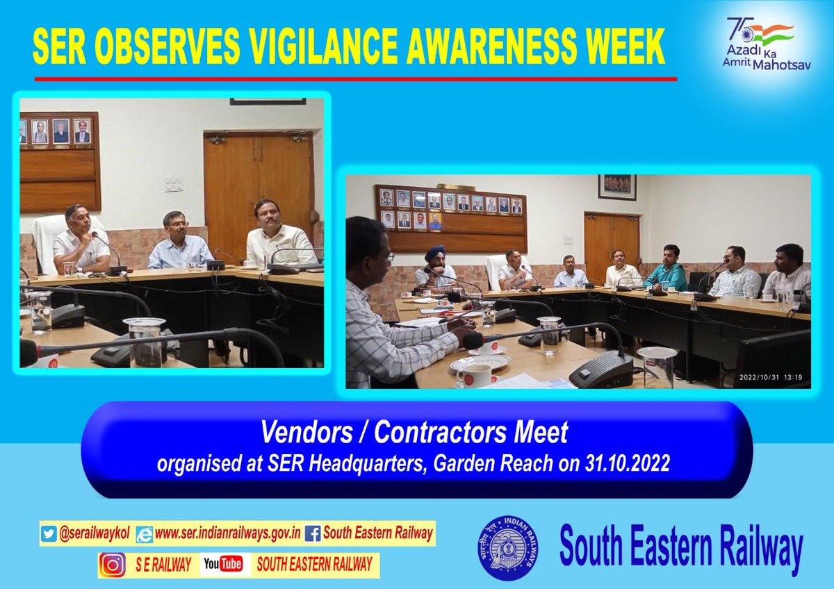 serailwaykol's tweet photo. As a part of Vigilance Awareness Week, a Vendors Meet was organised at the Office of the Chief Administrative Officer (Construction)/ SER.
Altogether 13 Contractors attended the Meet.
#cvcofindia @CVCIndia
#ser #IndianRailways https://t.co/62iSJnPTph