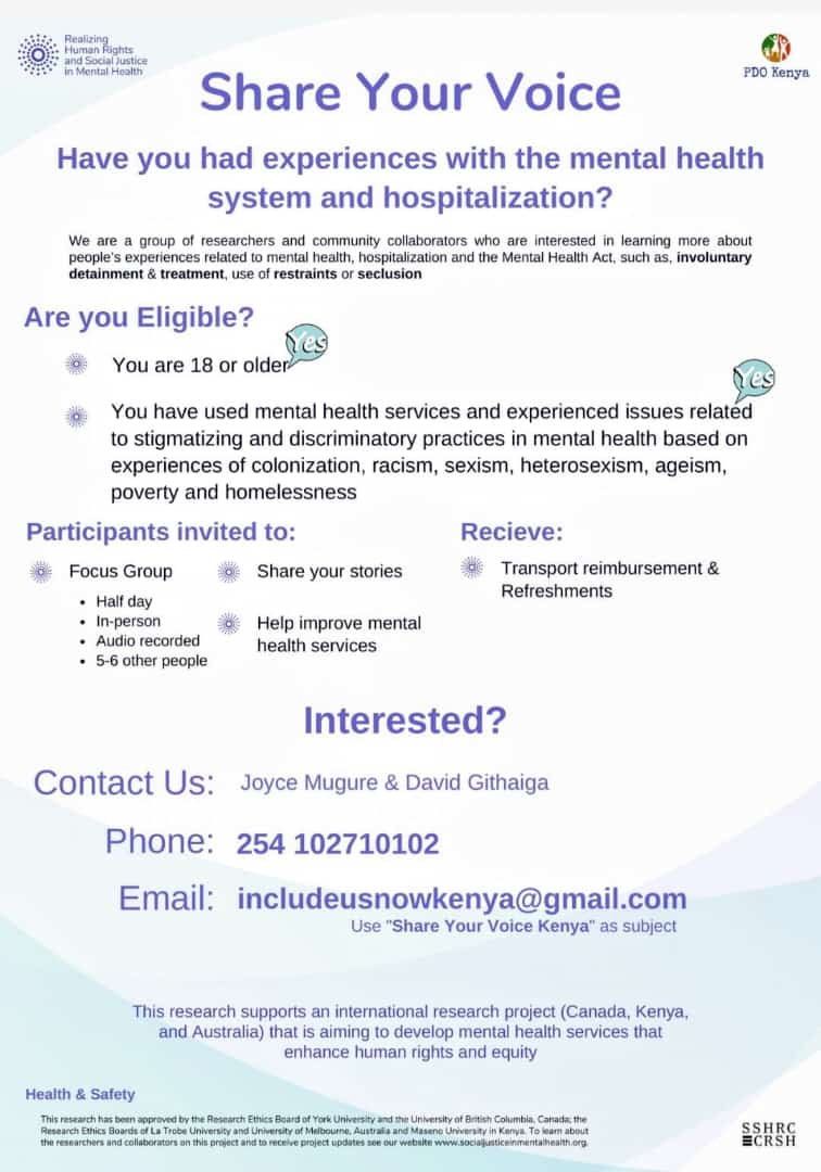 JKagosh's tweet photo. Are you in Nairobi and will to share your experience with mental health care services in relation to coercive practices and violation of human rights. Send us an email, text, wassup or call through details provided on the poster. https://t.co/vD67j18JxS