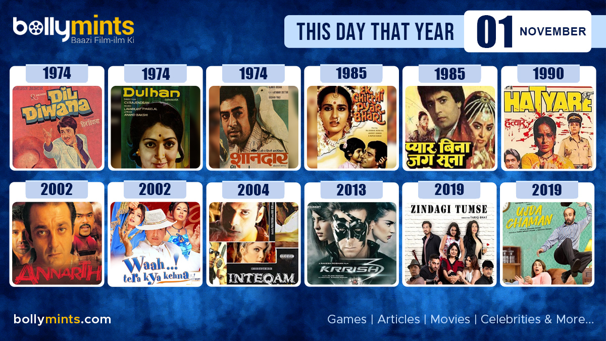 BollyMints's tweet photo. Here are the few #BollywoodMovies released on this day. Stay tuned at https://t.co/ohKmuyqHCy for #updates
#ThisDayThatYear #1November #DilDiwana #Dulhan #Shandaar #PyaarBinaJagSoona #Hatyare #Annarth #WaahTeraKyaKehna #Inteqam #Krrish3 #HrithikRoshan #ZindagiTumse #UjdaChaman https://t.co/h3gHVA42hx