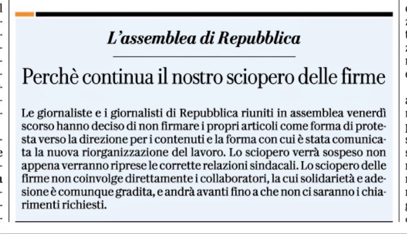 Perché <a href="/repubblica/">Repubblica</a> appare senza le firme delle sue giornaliste e dei suoi giornalisti. L’adesione e la solidarietà dei collaboratori è ovviamente gradita 👇