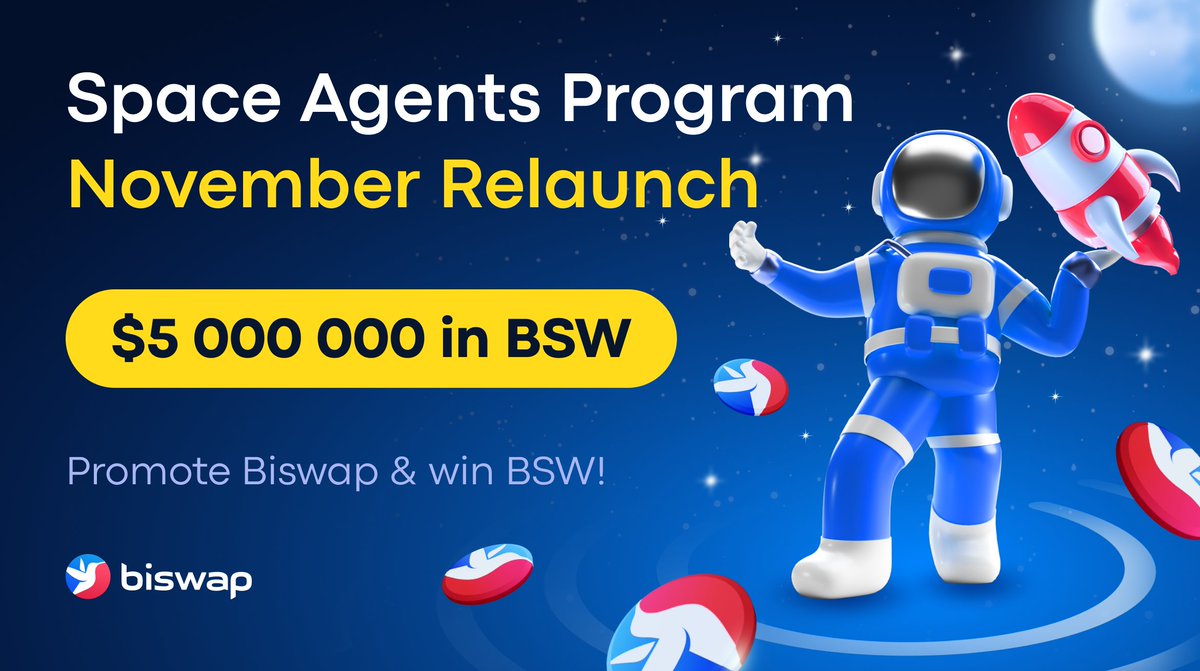 🌌Spacewalk November Relaunch!🌌 Influencers, create content for cosmic rewards: 📆Nov 1 - Dec 1 (02:00 PM UTC) 💰$10K in $BSW & Extra $300 in $TENFI 🏆10 Agents 💎Topics & conditions: bit.ly/3DkAEFM Rush to promote @Biswap_Dex!