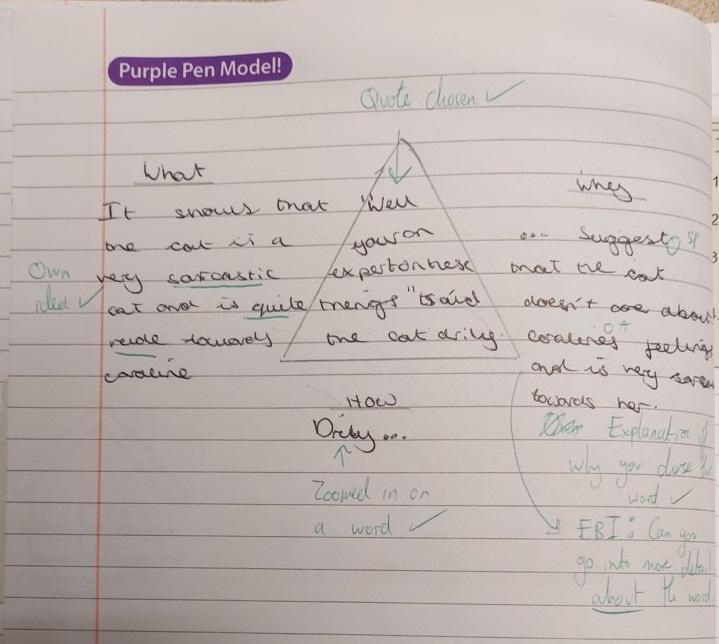 Eng_CanonSlade's tweet photo. Mr Banerji's groups have been working on connotations.
In 7b3b, we put Isabelle's work (L) under the visualiser to help us analyse quotes. Meghan (R) shows how we used a model to write it up!
Martha, 10c1b (Below), shows how this knowledge helps develop vocab for writing in KS4! https://t.co/ButJXILf5D