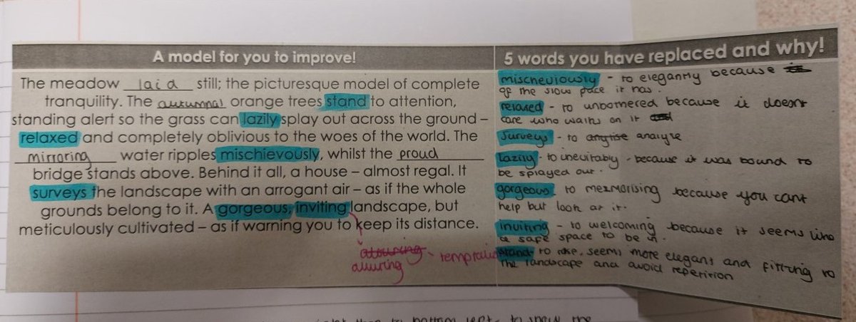 Eng_CanonSlade's tweet photo. Mr Banerji's groups have been working on connotations.
In 7b3b, we put Isabelle's work (L) under the visualiser to help us analyse quotes. Meghan (R) shows how we used a model to write it up!
Martha, 10c1b (Below), shows how this knowledge helps develop vocab for writing in KS4! https://t.co/ButJXILf5D