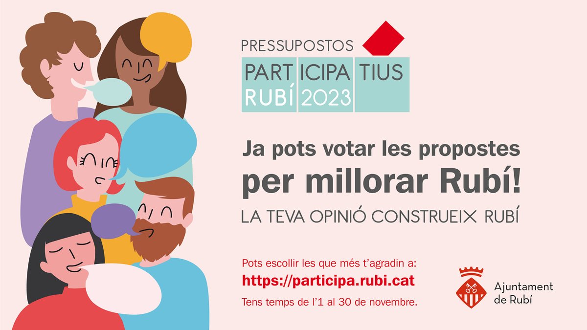 Iniciem la votació dels #pressupostosparticipatius de #rubicity:

2️⃣4️⃣  projectes seleccionats

🗳️ Simplifiquem el sistema de votació

Instal·lem punts de suport presencial per resoldre dubtes sobre la votació, consulta'ls aqui 👇👇👇
participa.rubi.cat/processes/pres…