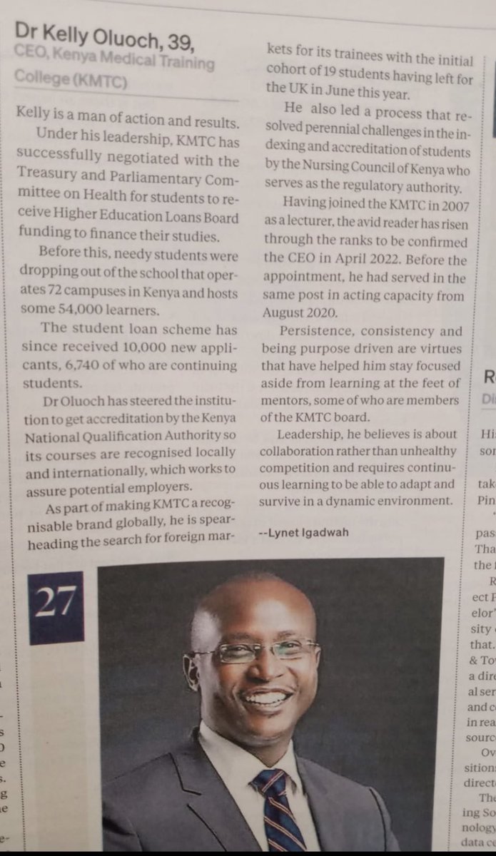 Hats off to our CEO Dr. Kelly Oluoch for making it to the #Top40Under40MenKE. We appreciate you for continuing to place the KMTC brand on the global map! #GoingtoKMTC #ForeverKMTC #WeareKMTC #KMTCGraduation