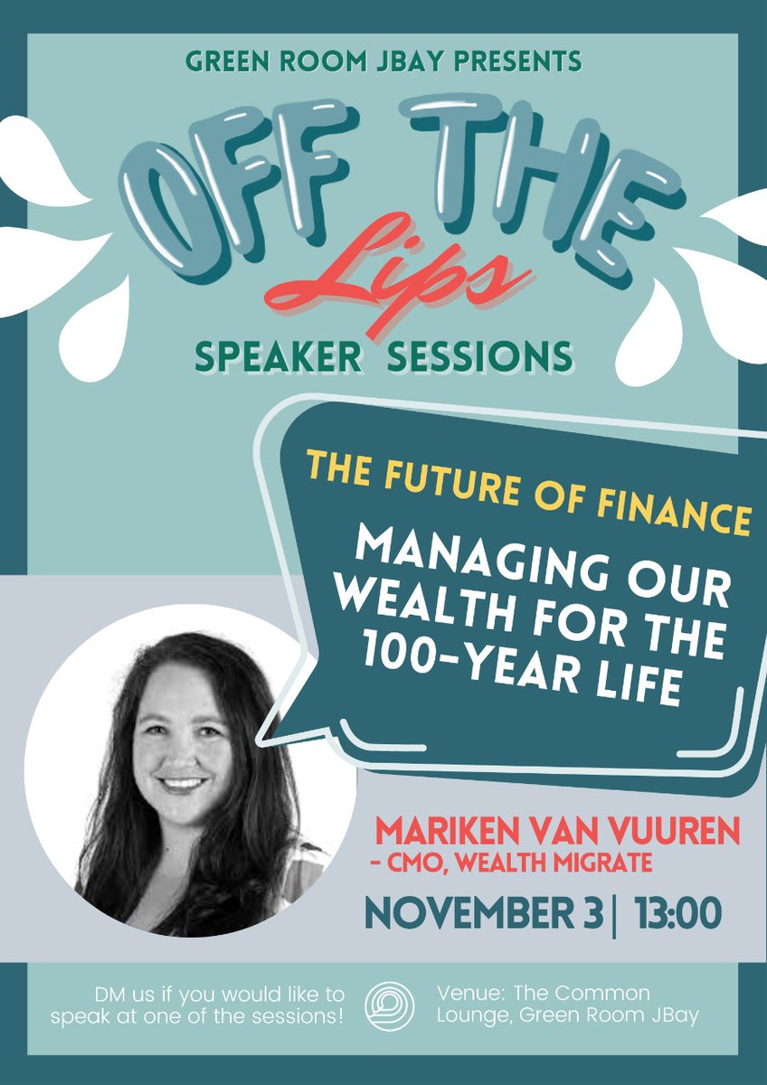 Do you want to know what the future of finance looks like and how the 100-year life is influencing our wealth creation and protection? Join me at the Green Room in Jeffreys Bay. 
#TheFutureofMoney #the100yearlife #fintech #invest

<a href="/WealthMigrate/">Wealth Migrate</a>