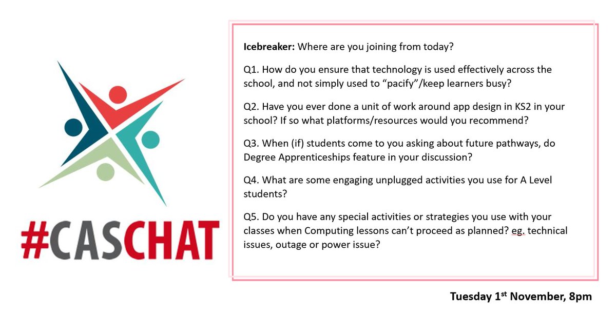 CASCHAT (@caschat_uk) on Twitter photo Please join us for #CASChat hosted by Computing at School (<a href="/CompatSch/">Computing at School</a>) this Tuesday
(1st November - 8pm GMT)
Where we’ll discuss:
Community Questions Please join us for #CASChat hosted by Computing at School (<a href="/CompatSch/">Computing at School</a>) this Tuesday
(1st November - 8pm GMT)
Where we’ll discuss:
Community Questions