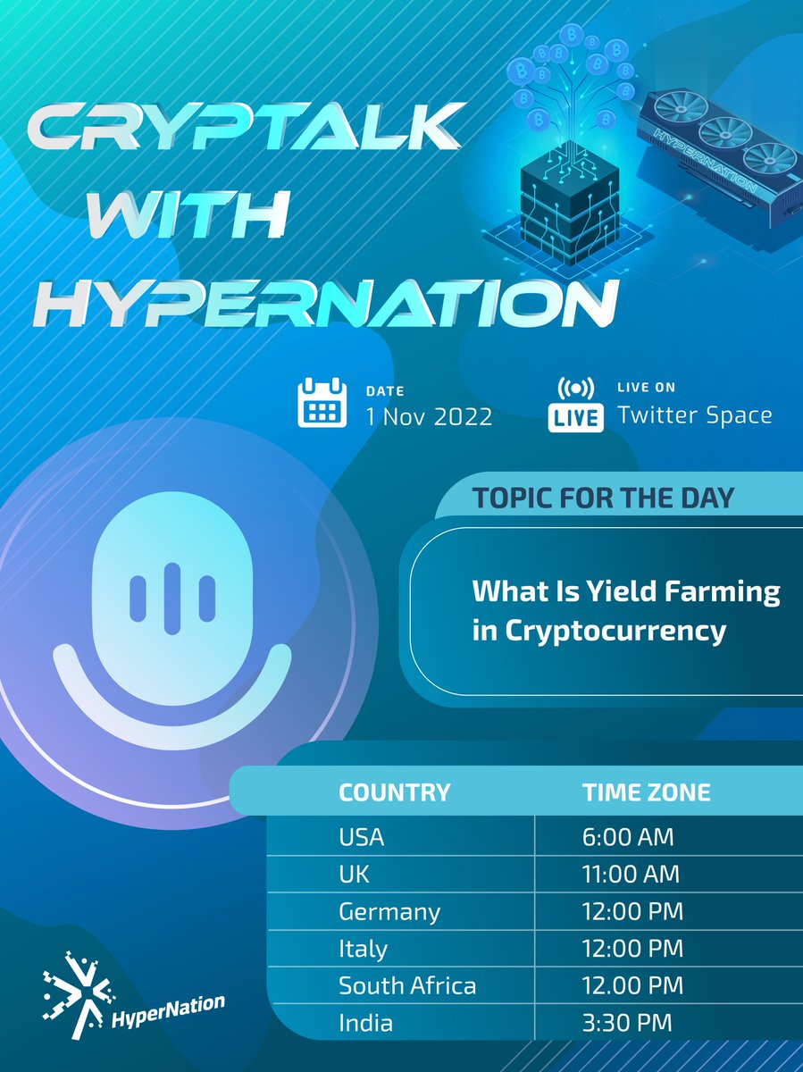 HyperNation8's tweet photo. 📢Dear Citizen of HyperNation📢
We will be hosting a Twitter Space on 6AM EDT later!
Come and join us to learn more about #Crypto

Topic: What is Yield Farming in Cryptocurrency
Room Link: https://t.co/hCzGbkhmdR
#hypernation #metaverse #defi #dao #blockchain #gamefi #nft https://t.co/tTdvHy32J4