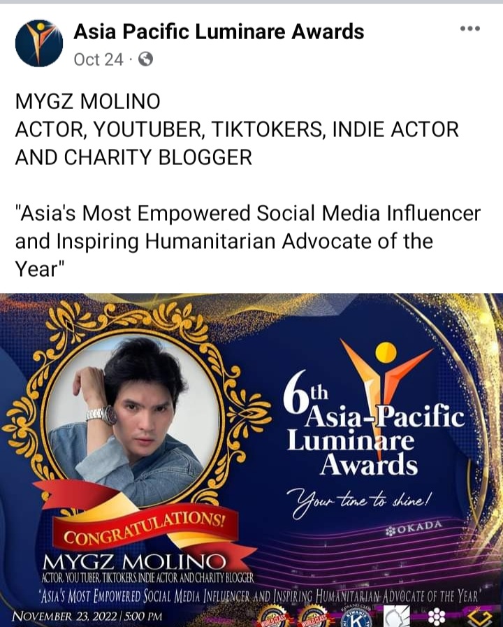 MYGZ MOLINO
ACTOR, YOUTUBER, TIKTOKERS, INDIE ACTOR AND CHARITY BLOGGER 

"Asia's Most Empowered Social Media Influencer and Inspiring Humanitarian Advocate of the Year"
#MygzMolino