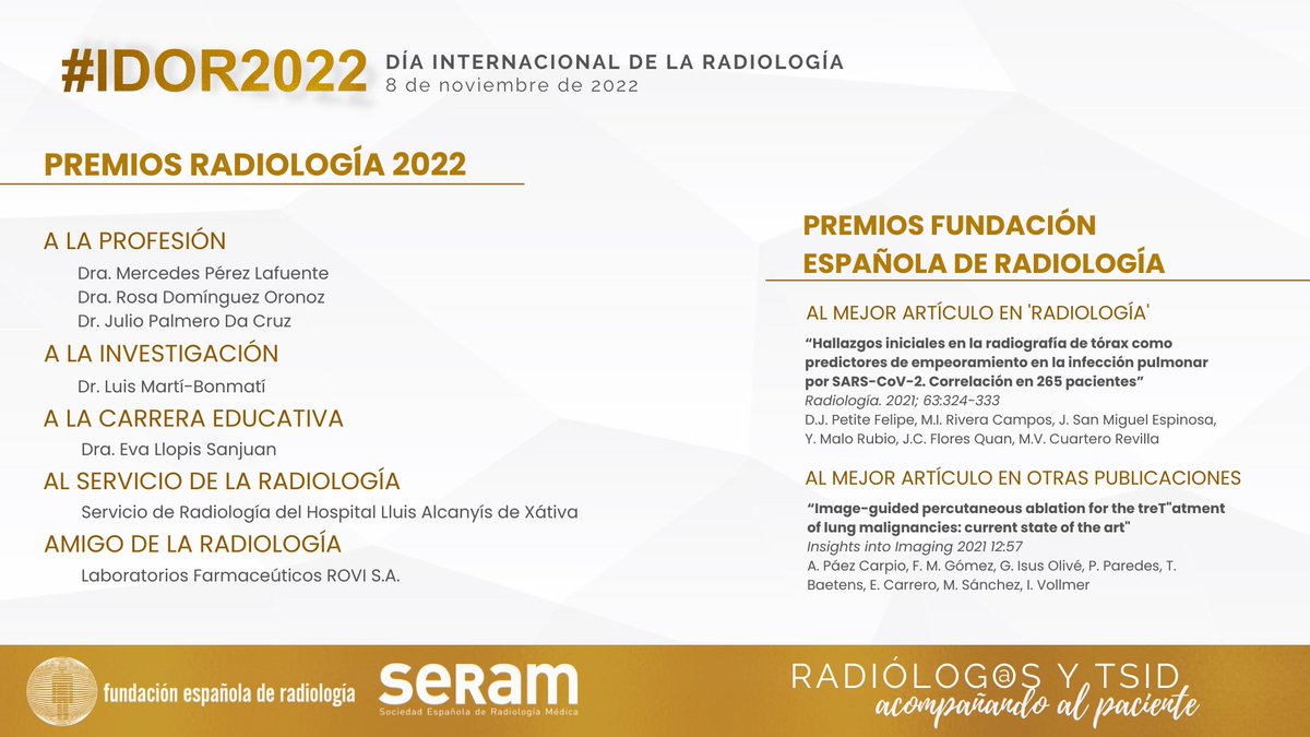 SERME (@mskserme) on Twitter photo Enhorabuena a todos los galardonados con los Premios #Radiología 2022 de <a href="/SERAM_RX/">SERAM - Sociedad Española de Radiología Médica</a>
Especialmente a nuestras muy queridas "sermeras"
🥇Rosa Domínguez <a href="/RosaOronoz/">Rosa Dominguez Oronoz</a>
Premio a la profesión
🥇Eva Llopis <a href="/evallopis2/">eva llopis</a>
Premio a la carrera educativa
#IDoR2022 #SERME Enhorabuena a todos los galardonados con los Premios #Radiología 2022 de <a href="/SERAM_RX/">SERAM - Sociedad Española de Radiología Médica</a>
Especialmente a nuestras muy queridas "sermeras"
🥇Rosa Domínguez <a href="/RosaOronoz/">Rosa Dominguez Oronoz</a>
Premio a la profesión
🥇Eva Llopis <a href="/evallopis2/">eva llopis</a>
Premio a la carrera educativa
#IDoR2022 #SERME