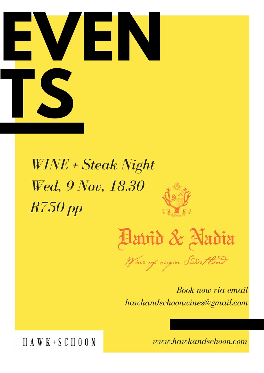 It’s not every day we get to have these legends in town <a href="/DavidandNadia/">David&Nadia</a> 

Next week’s Wine + Steak night is ON.  

Swipe for details. Taking bookings now via hawkandschoonwines@gmail.com