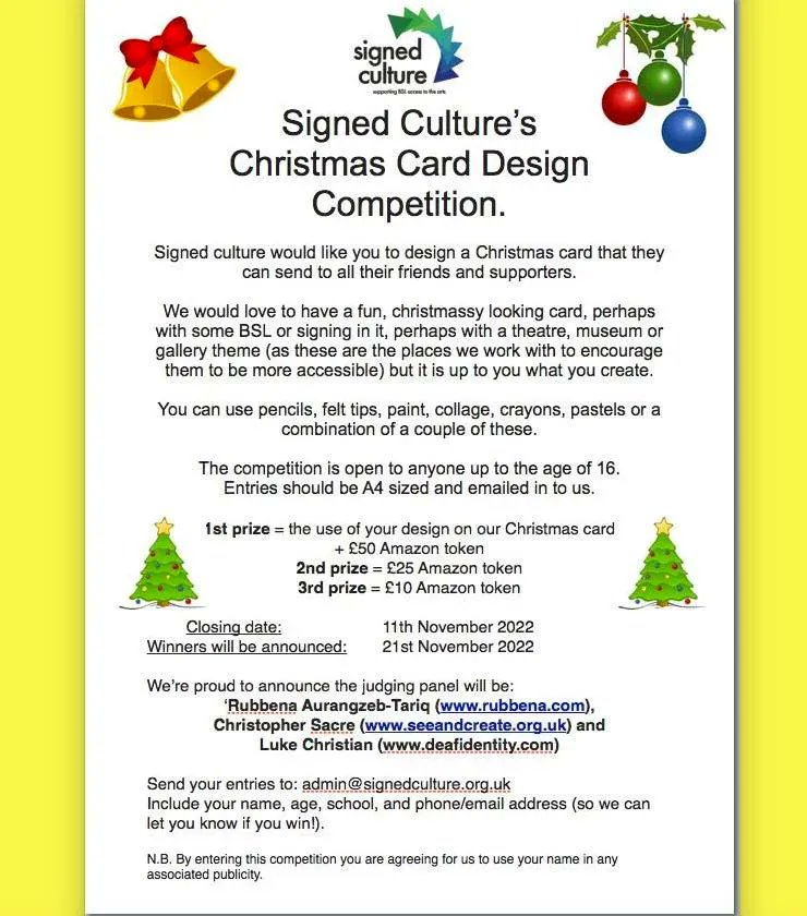Signed Culture (@signedculture) on Twitter photo Design a Xmas Card comp for young Deaf people up to 16. buff.ly/3Web0ez Winner gets their design sent to our database of contacts & on our socials. 1st, 2nd & 3rd prize - Judges = Deaf artists & designers, highly skilled & recognised <a href="/RubbenaArt/">Rubbena Aurangzeb-T</a> <a href="/ccsacre/">Christopher Sacre (Sign name: Scare)</a> <a href="/deafidentity/">DEAF IDENTITY</a> Design a Xmas Card comp for young Deaf people up to 16. buff.ly/3Web0ez Winner gets their design sent to our database of contacts & on our socials. 1st, 2nd & 3rd prize - Judges = Deaf artists & designers, highly skilled & recognised <a href="/RubbenaArt/">Rubbena Aurangzeb-T</a> <a href="/ccsacre/">Christopher Sacre (Sign name: Scare)</a> <a href="/deafidentity/">DEAF IDENTITY</a>