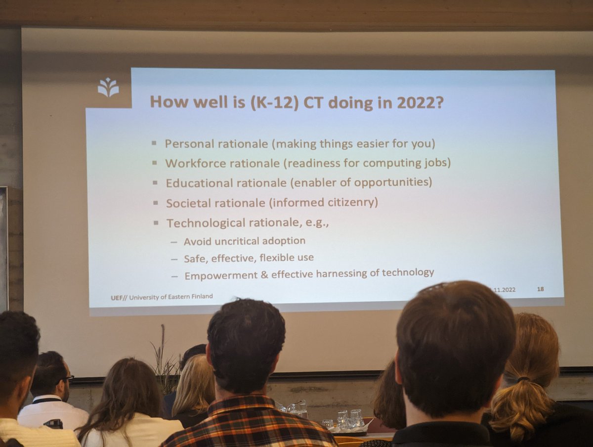 BerniSpieler's tweet photo. Day 2 at @wipsce2022 starts with a keynote on "CT 2.0" by 𝐌𝐚𝐭𝐭𝐢 𝐓𝐞𝐝𝐫𝐞.
Question: How well is #CT preparing students in 2022?
AI/ML challenges the traditional way of learning about algorithms. So how can we teach data-driven computing?
#wipsce #wipsce22 #CSEducation https://t.co/71g8hLiqAc