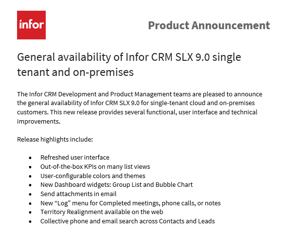 empath_e_'s tweet photo. Infor CRM SLX 9.0 is now available for all customers with an active support and maintenance plan. If you would like to know more about this release please contact us for further details

#inforcrmslx #slx #infor https://t.co/pi2be9zLRL