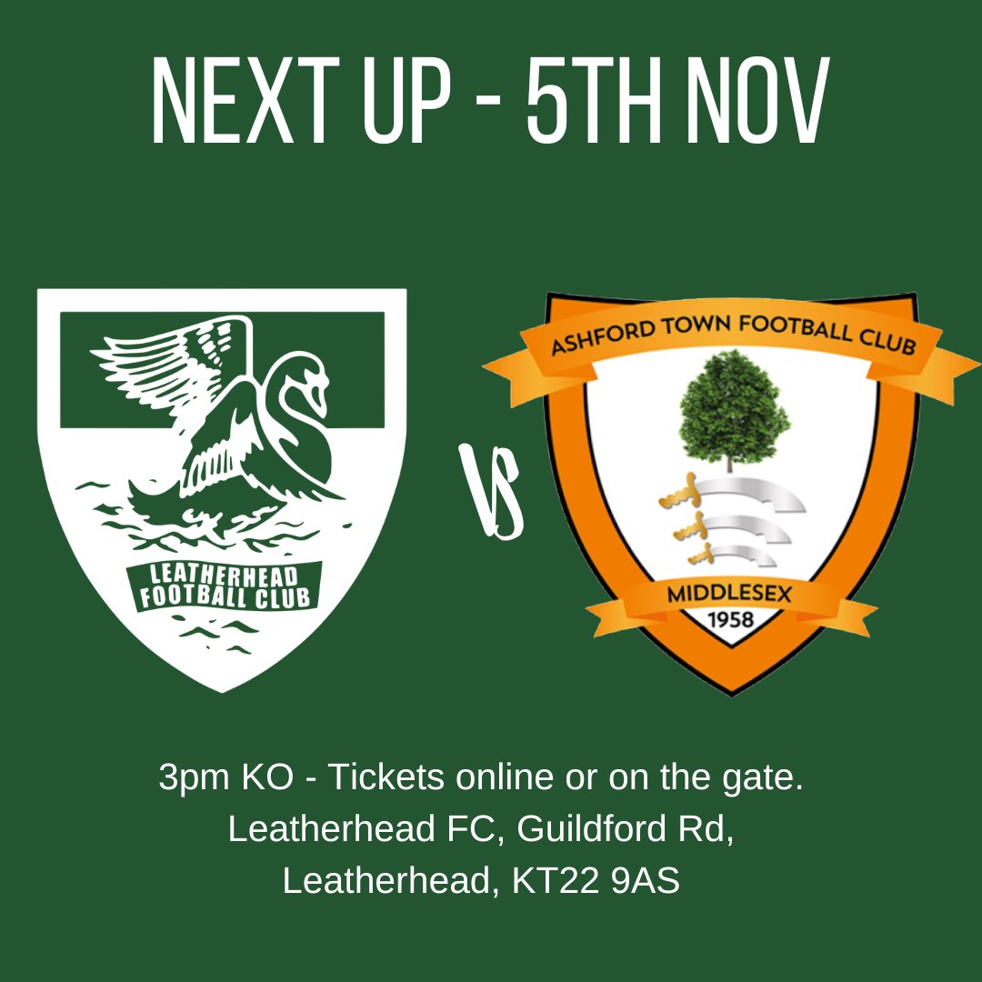 Who's joining us tomorrow? 

🆚 Ashford Town FC     
📆 Sat 5th Nov
⌚️ 3pm KO
🏟 Leatherhead FC, Guildford Rd, KT22 9AS  
🎟 In advance at leatherheadfc.ktckts.com/event/lfc2223h… or on the gate

#leatherheadfc #ashforttownfc <a href="/ClubTanners/">Tanners Supporters Club</a>