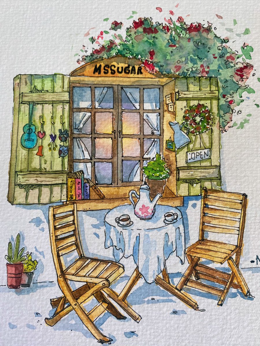 ☕️🤎🎧🌷Find me on IG: mmo.okii🫶🏻 
#Watercolor #painting #art #Cafe