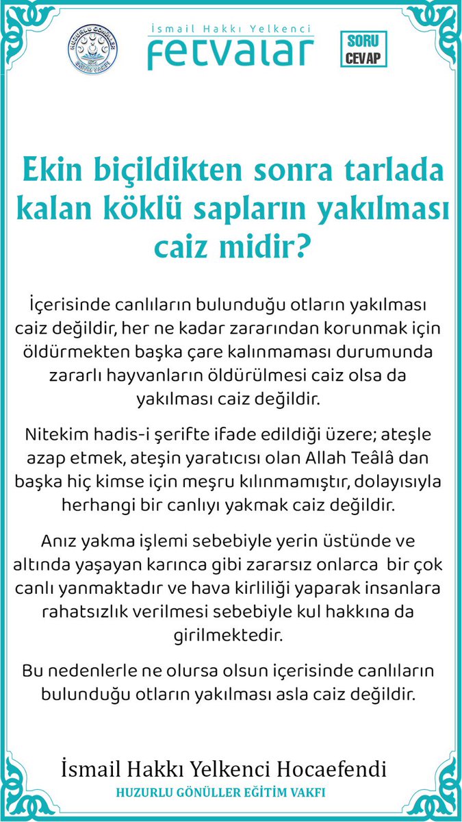 ismailhyelkenci's tweet photo. Ekin biçildikten sonra tarlada kalan köklü sapların yakılması caiz midir? 
.
.
#ekin #aniz #tarla #emlak #gayrimenkul #çifçi #ziraat #fıkıh #fetva #keşfet #huzurlugönüllereğitimvakfı https://t.co/wChWXpn02l