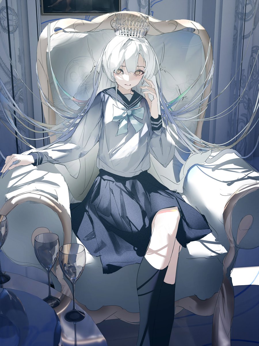 1girl solo sitting long hair skirt school uniform white hair  illustration images