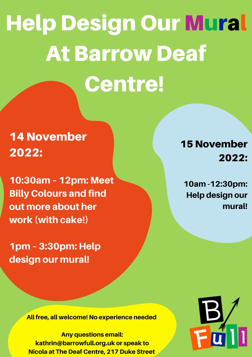 If you like art and being creative, we invite you to join us at <a href="/CumbriaDeaf/">Cumbria Deaf Association</a> Barrow Deaf Centre for this event with <a href="/BarrowFull/">BarrowFull</a> <a href="/billycolours/">billy</a> 
Of course, I will probably be there because the poster says there will be cake! 🍰