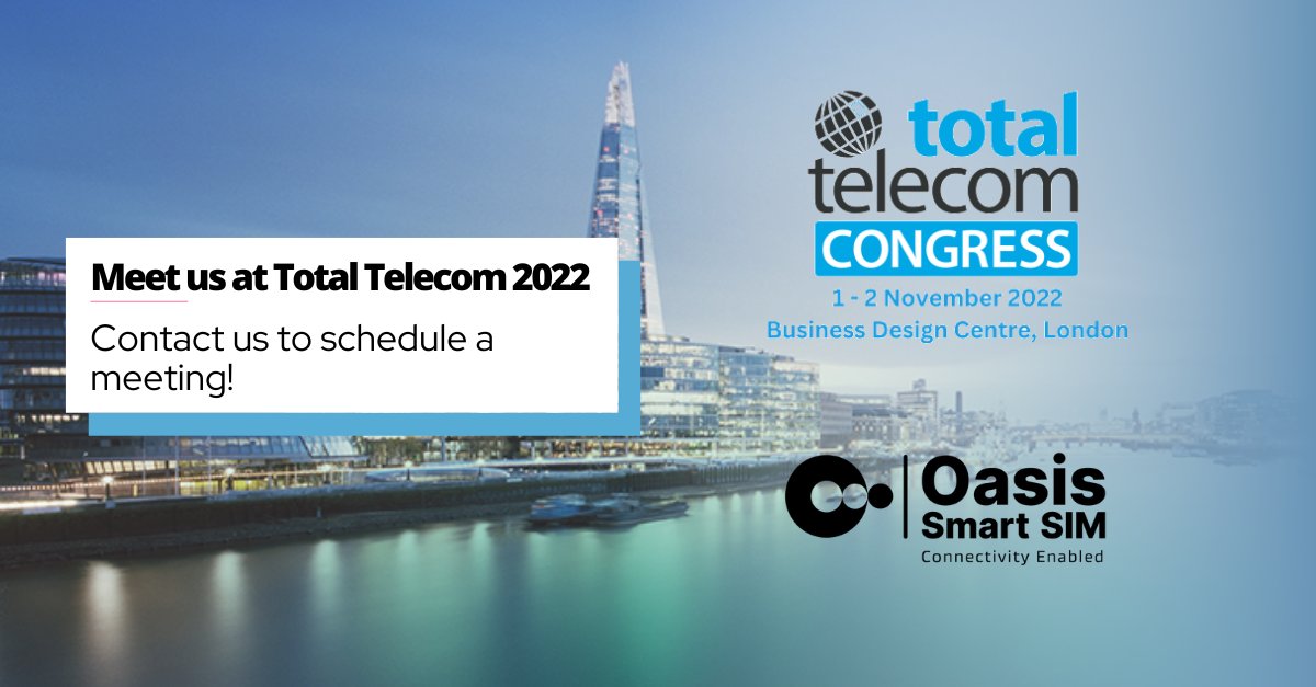 oasis_smartsim's tweet photo. Come and say hello! 👋 We're at Total Telecom Congress 2022 in London today and tomorrow.

Find out how we can support your firm in achieving its connectivity enablement goals through SIM, eSIM or Cloud SIM technologies.

#totaltelecom #totaltelecomcongress https://t.co/CLbYiNd5zD