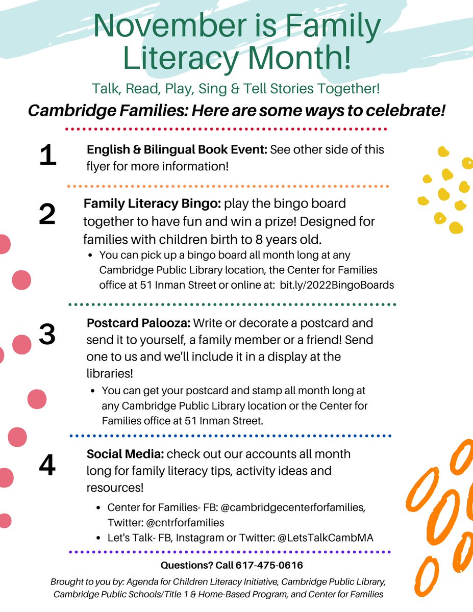#CambMA families - November is National Family Literacy Month!! It's a great time to talk, read, play, sing, tell stories &amp; have fun w/ your child! Celebrate w/ Family Bingo, Postcard Palooza &amp; Book Giveaways (11/5)! Info: bit.ly/FamilyLitMonth… Events: bit.ly/BookEvents2022