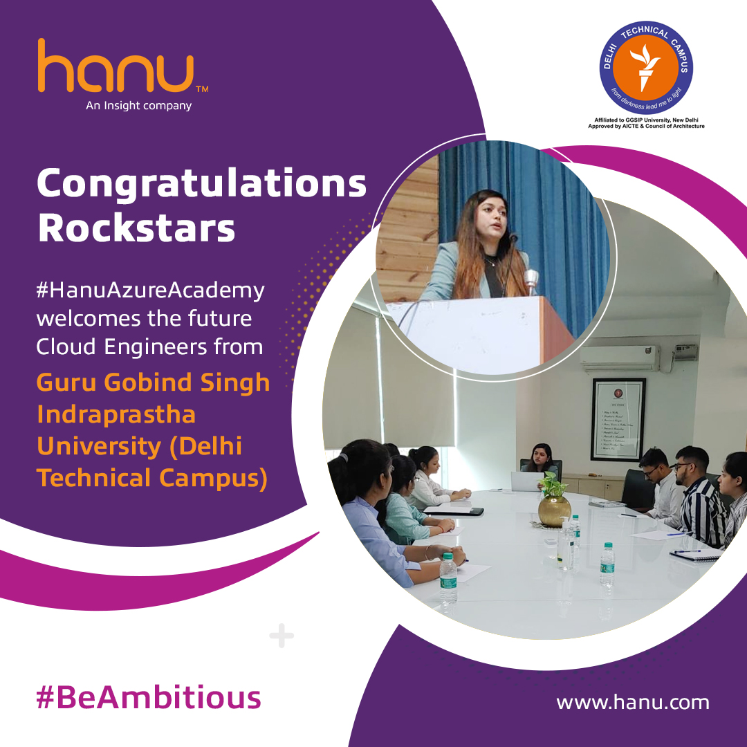 InsightinIndia's tweet image. Congratulations all selected students of Guru Gobind Singh Indraprastha University. Rockstars will be trained by #HanuAzureAcademy. We look forward to a new world of possibilities for these #CloudEngineers.
Thank you for participating in our #HAA drive. 
#campusplacement