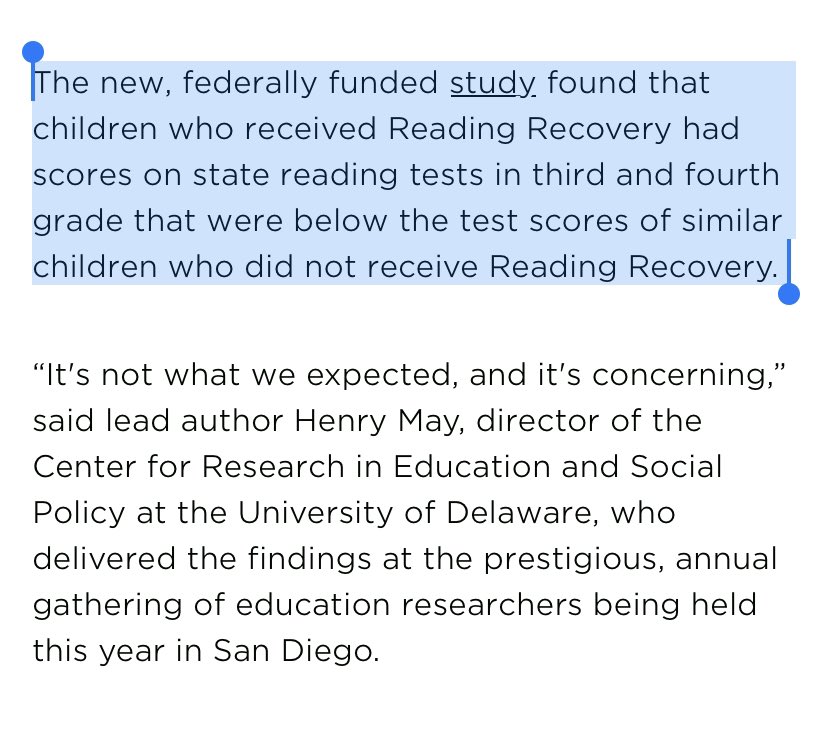 karenvaites's tweet image. “Children who received Reading Recovery had scores on state reading tests in third and fourth grade that were below the test scores of similar children who did not receive Reading Recovery.”

Why is this program still popular? Why is @LDH_ed cheering it? 

Just why?