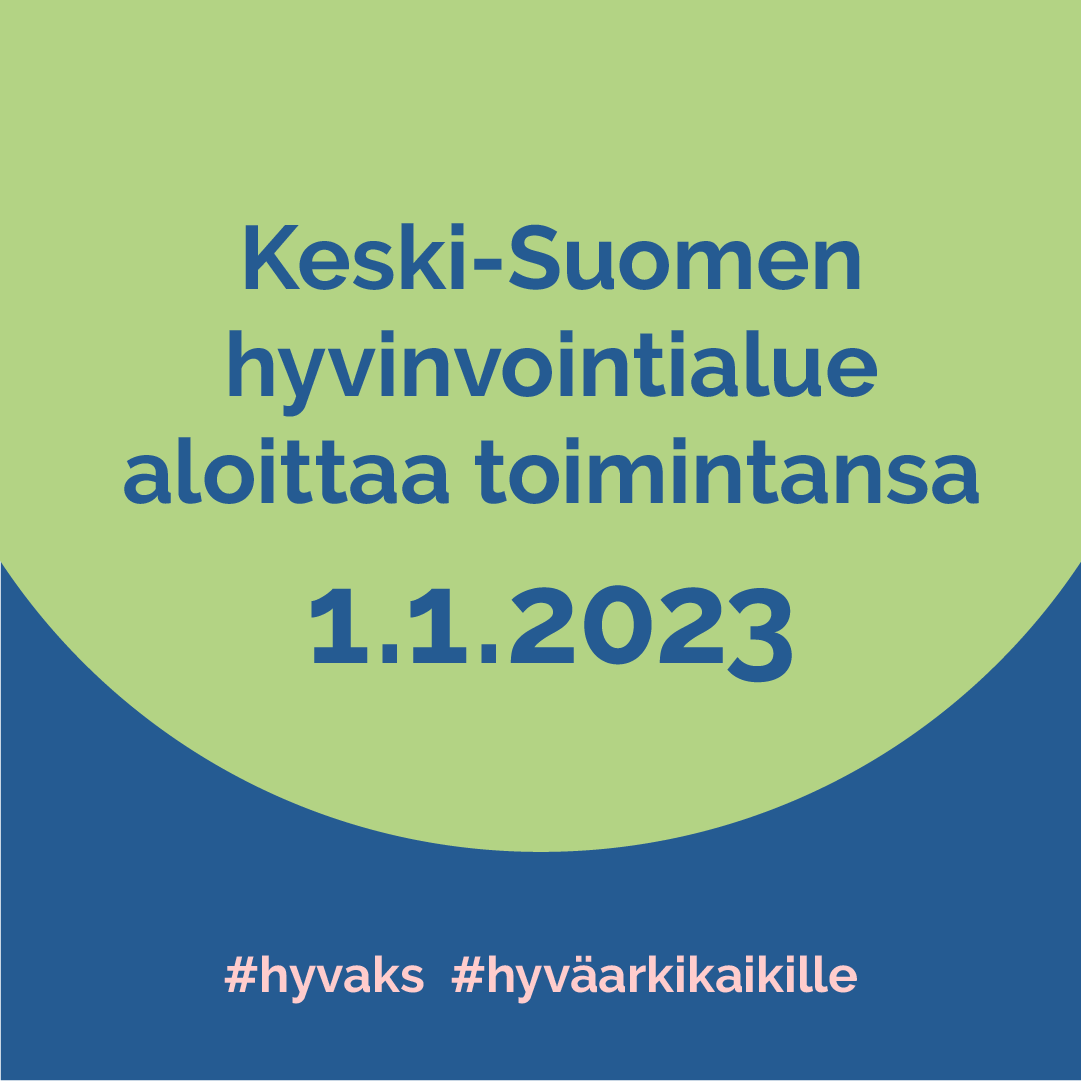 Keski-Suomen hyvinvointialue vastaa 1.1.2023 alkaen sosiaali-, terveys- ja pelastustoimen palveluista. 
Ammattilaiset, toimipisteet ja puhelinnumerot pysyvät samoina, mutta verkossa palvelut muuttavat osoitteeseen hyvaks.fi.
 #hyvaks #hyvaarkikaikille