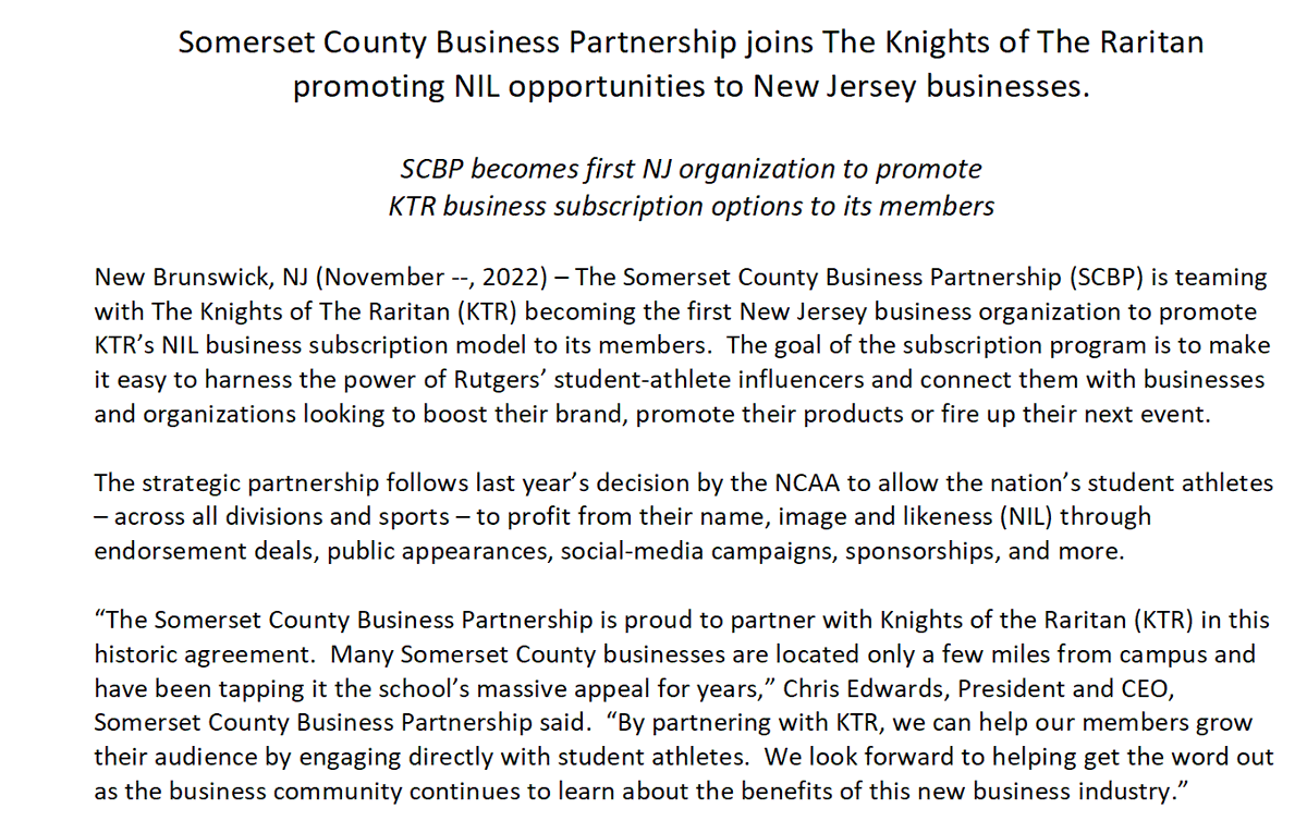 briannnnf's tweet photo. Rutgers NIL collective The Knights of the Raritan announces that it has partnered with the Somerset County Business Partnership, which became the first organization to promote its subscription model and the opportunities it presents to make deals with Rutgers athletes: https://t.co/TrA0W5ujFs