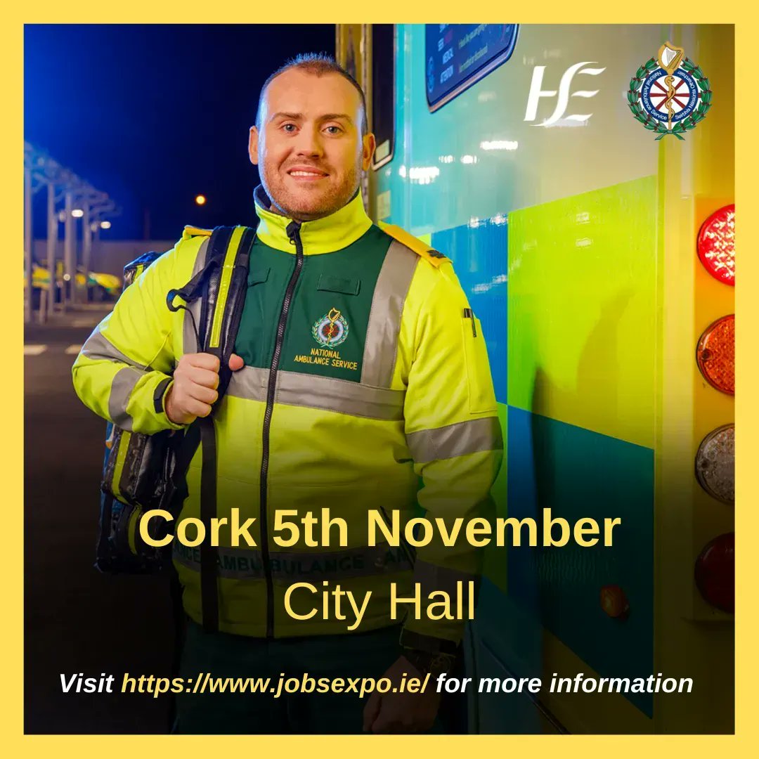 Always wanted to join our team? We’ll be at #JobsExpoCork this Saturday to answer all your questions about working with <a href="/AmbulanceNAS/">National Ambulance Service 🇮🇪🚑</a> 🚑