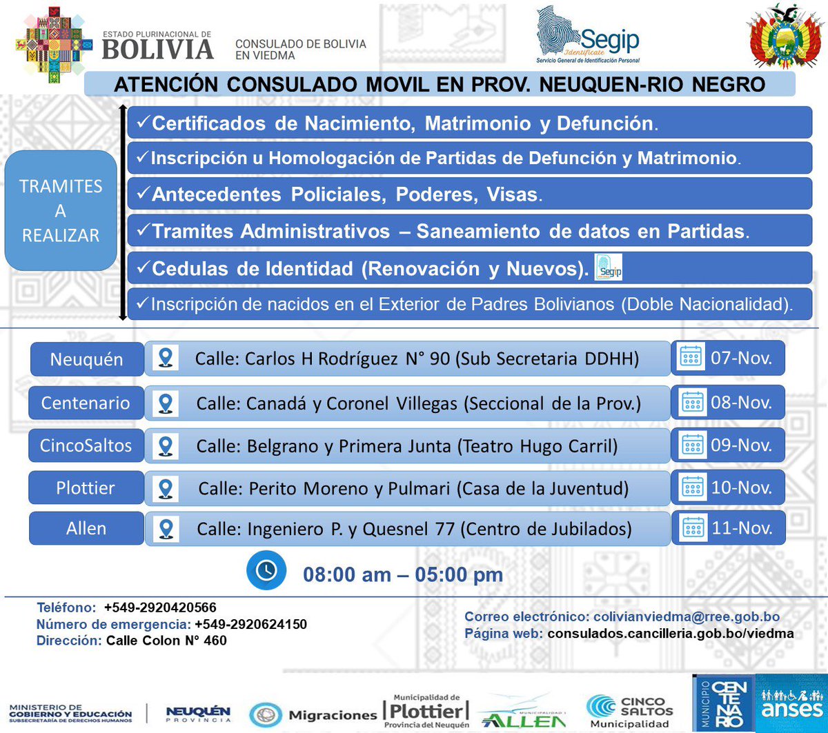 ConsuladoViedma's tweet photo. Se realizaron las gestiones para la llegada de la Brigada del #SEGIP a esta jurisdicción; se CONVOCA a todos los residentes Bolivianos que se encuentran en las PROVINCIAS DE  NEUQUEN Y RIO NEGRO y de todas las ciudades aledañas que la componen para que acudan y sean participes https://t.co/UVXRupMXrr
