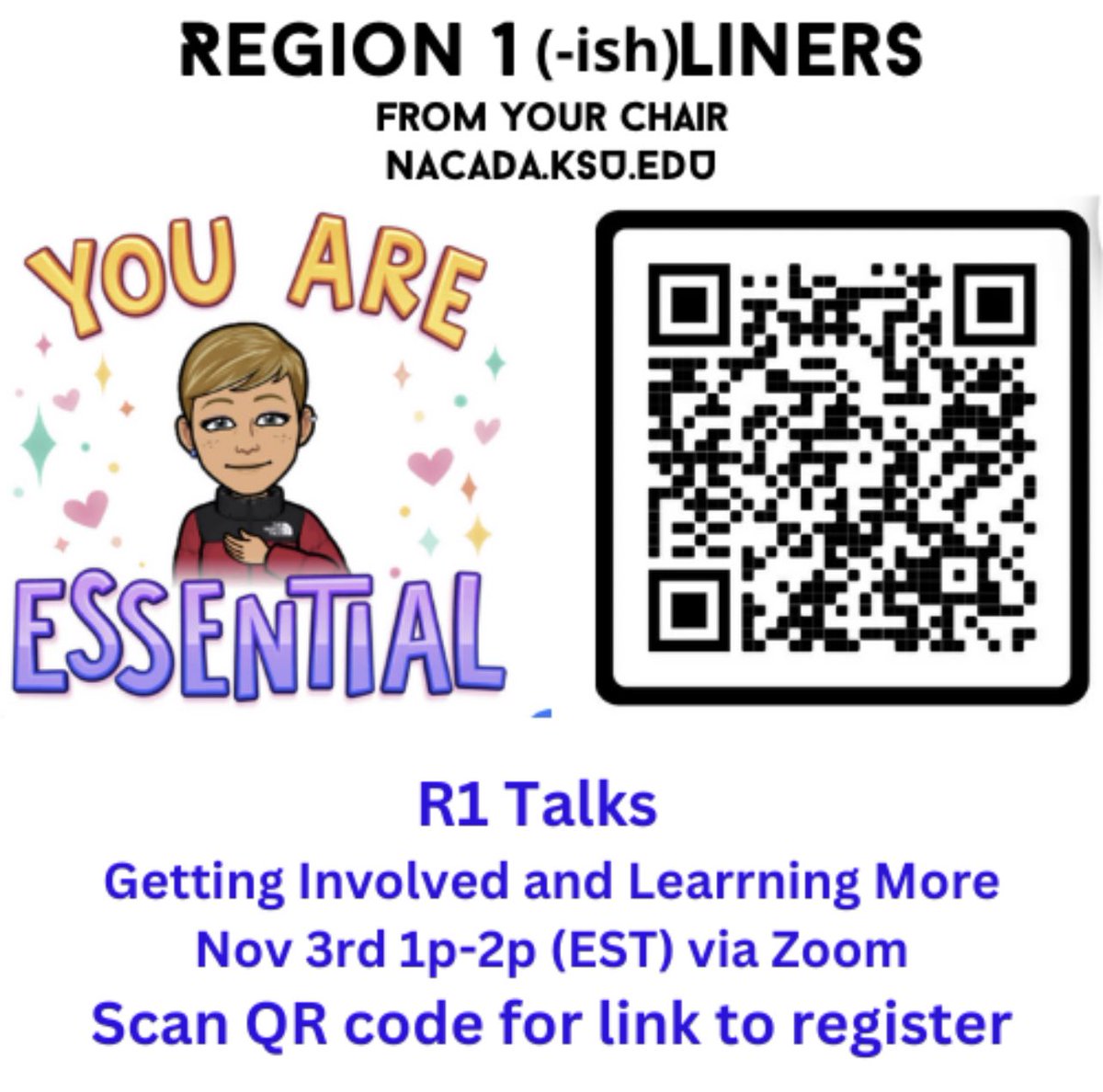 You Are Essential - R1 Talks: Getting Involved and Learning More Nov 3rd 1p-2p (EST) via Zoom Scan QR code for link to register #nacadar1 #nacada #nacadar1talks