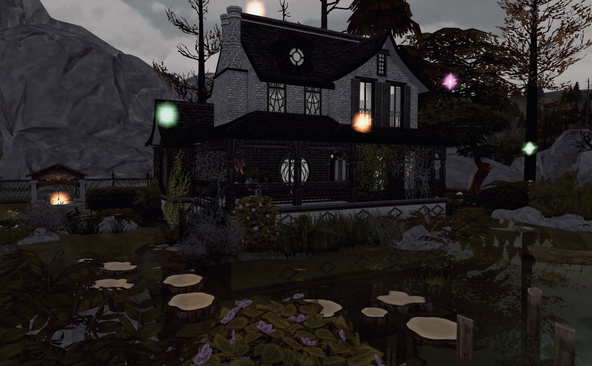 SimplyStephMay's tweet photo. This moody abode was my attempt at the @lilsimsie #SimsieWelcomeShell - I was in the mood to do a Halloween-inspired build and LOVED building this on stream. The exterior was a challenge, but hopefully worth it! π»π #ShowUsYourBuilds EA ID: SimplyStephMay https://t.co/p0gBxFaTOU