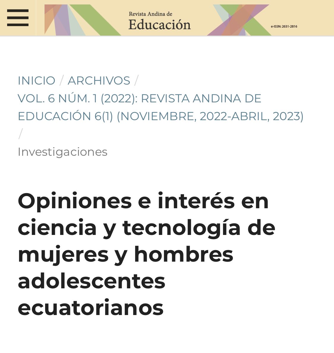 CientificasPUCE's tweet photo. Nueva publicación de nuestras colegas @AleCamacho17 y @lamagamerlyn: Opiniones e interés en ciencia y tecnología de mujeres y hombres adolescentes ecuatorianos | Revista Andina de Educación https://t.co/eahWjt705u https://t.co/cvNwCbP1Q6