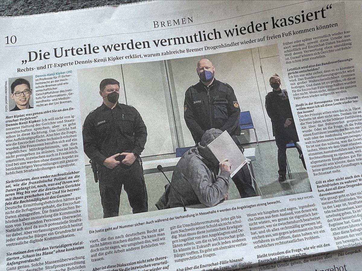 Dennis_Kipker's tweet photo. That the #encrochat cases would end up before the European Court of Justice was only a matter of time. The fact that courts turned a blind eye for so long, despite their investigational duty, violates the right to fair trial and damages the rule of law. We need clarity now! https://t.co/tpRSAfDije