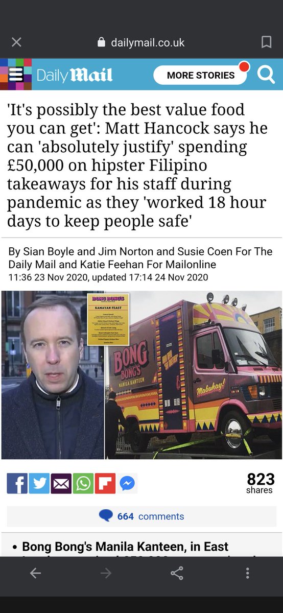 Matt Hancock spent £50,000 on take away food for number 10 staff. BobgBong's is a trendy expensive London restaurant. He called it value for money.2020 He's a ridiculous man IMO