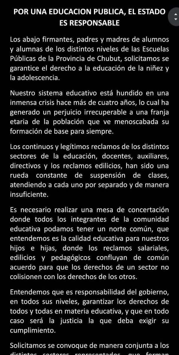 fmNamunkura's tweet photo. Este es el documento que entregarán las familias al mediodía a las autoridades madrynenses 📃👇 https://t.co/3jVEB1vhyS