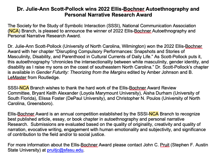 JohnCPruit's tweet photo. I am pleased to announce that Julie-Ann Scott-Pollock (UNC Wilmington) has won the 2022 Ellis-Bochner Autoethnography and Personal Narrative Research Award. 
#AcademicTwitter 
#Autoethnography
#Soctwitter
#socaf https://t.co/YQv23YWcay