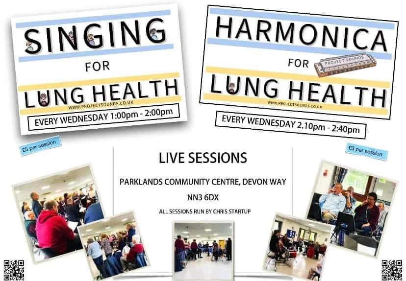 Singing and Harmonica for Lung Health live sessions are back again as usual tomorrow Wednesday 2nd November at Parklands Community Centre, Devon Way Northampton NN3 6DX 
Singing 1pm-2pm  Harmonica 2.10 -2.40pm.
PLEASE SHARE &amp; SPREAD THE WORD.