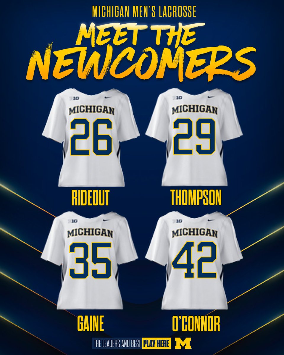 UMichLacrosse's tweet photo. WELCOME TO MICHIGAN

26- Jack Rideout
29- Peter Thompson
35- Chris Gaine
42- Will O'Connor

#GoBlue〽️ https://t.co/yOgXfZbpnz