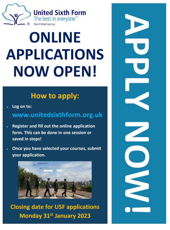 Calling all Year 11s! USF online applications are now open for September 2023. Please log on to unitedsixthform.org.uk for more details! #USFproud #AVBproud 
<a href="/AvonbourneUL/">Avonbourne Boys' and Girls' Academies and USF</a>