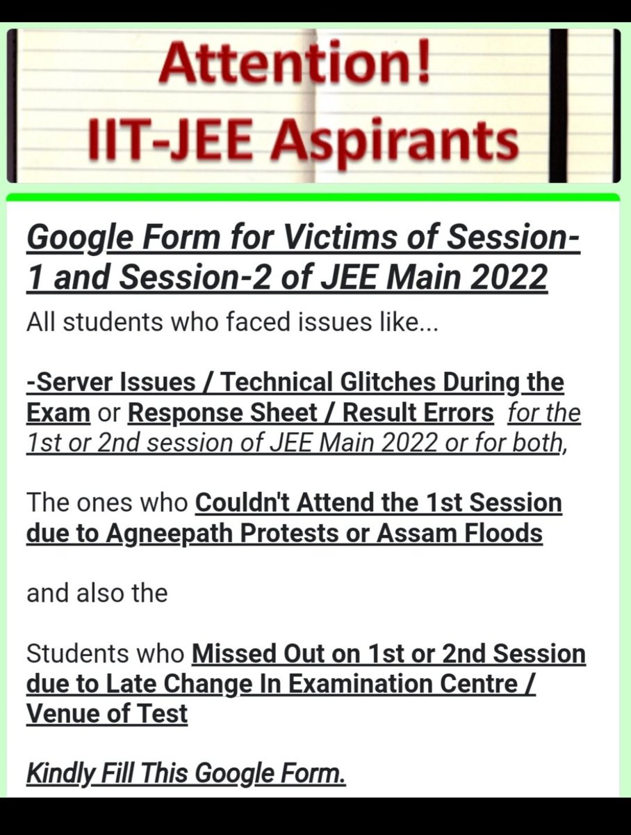 Attention📢

Students who faced Issues in #JEEMain2022 like

Server / Technical Glitches, Late Exam Centre Change, Response Sheet / Result Errors, Agneepath Protests, Assam Floods etc are Requested to Fill below Google Form

Link: forms.gle/B21t7MFzA3XSBv…

#2021PassoutWantJEEAdv23