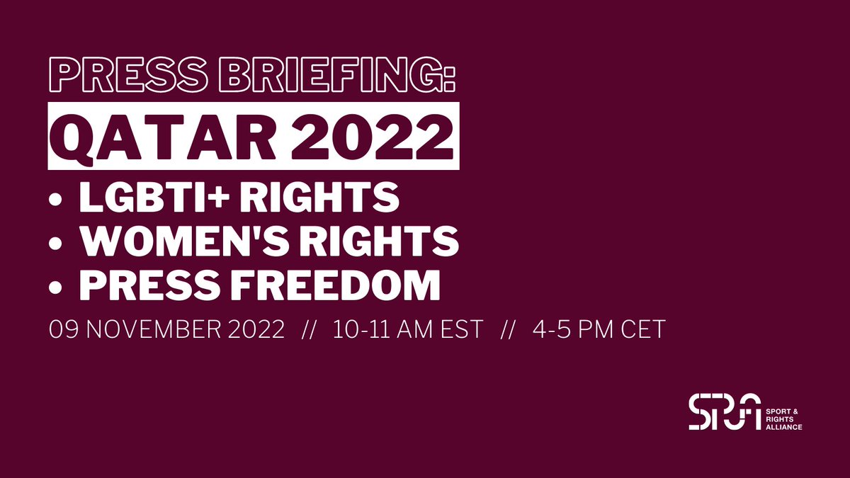📌#SRA Press Briefing: #Qatar2022 &amp; LGBTI+ Rights, Women's Rights &amp; Press Freedom w/
⚽️<a href="/H_ekeland/">Halvor Ekeland</a>, journalist unlawfully detained in Qatar
⚽️<a href="/di_ceee/">Di Cunningham</a> cofounder of LGBTQ+ fan alliance <a href="/3Lionspride/">3LIONSPRIDE 🌈🦁🦁🦁⚽️🏴󠁧󠁢󠁥󠁮󠁧󠁿🏳️‍🌈</a>
⚽️@JShilad MENA researcher <a href="/pressfreedom/">Committee to Protect Journalists</a>
⚽️&amp; more

Sign up➡️eventbrite.com/e/press-briefi…