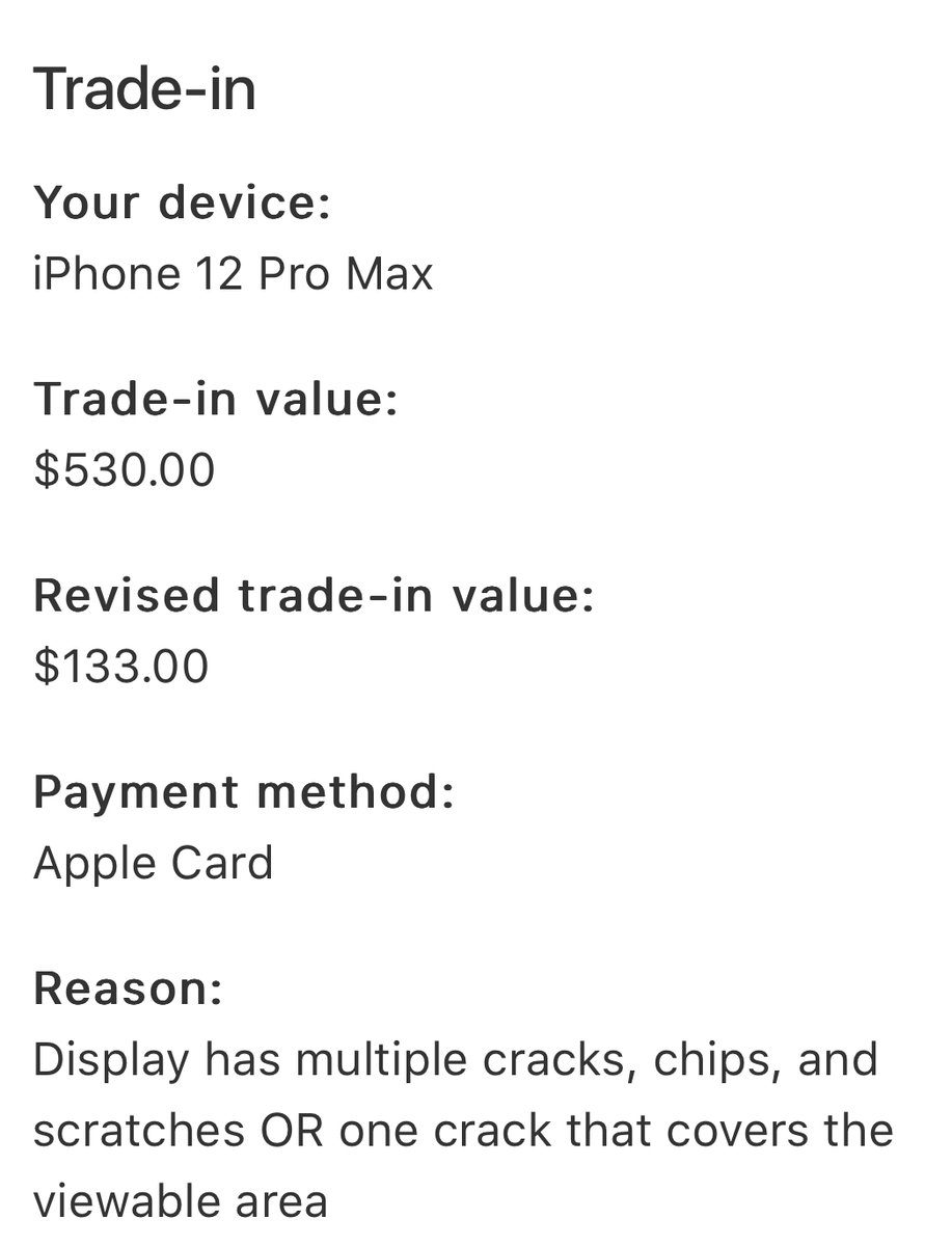 macroliter's tweet photo. Careful w/ @Apple’s iPhone “trade in” program. Call in &amp; escalate if they try to scam you! Apple’s online store said my iPhone 12 Pro Max was worth $530. After I sent it in they tried to revise it to $133 because of “scratches.” I called today &amp; got it sorted. https://t.co/fxXRvsdVfE