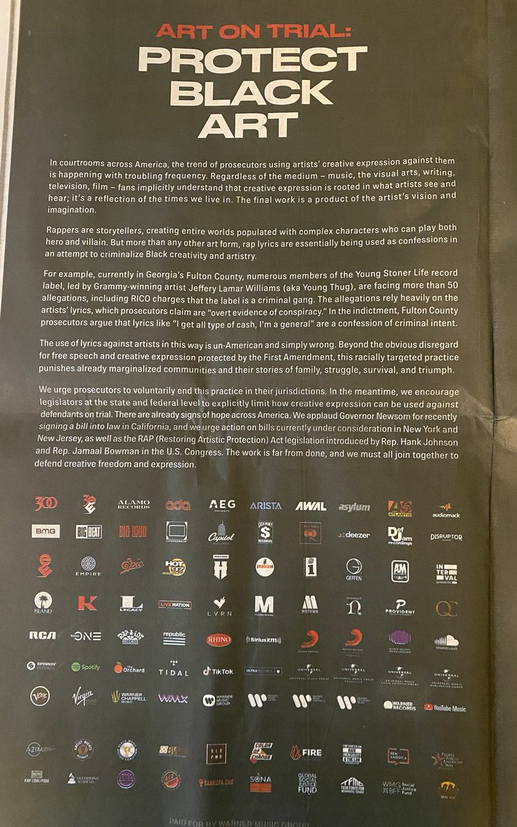 DorothyERoberts's tweet photo. Honored to join so many artists &amp; scholars in today’s @nytimes ad demanding that prosecutors stop using creative expression against Black artists. #ProtectBlackArt https://t.co/JPuRnU31fk